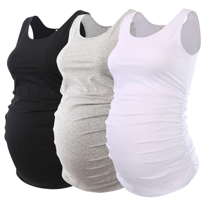 Ecavus 3PCS Womens Layering Maternity Tank Top Pregnancy Shirt Scoop Neck Sleeveless Ruched Vest (L, Black/White/Grey) - Image 1